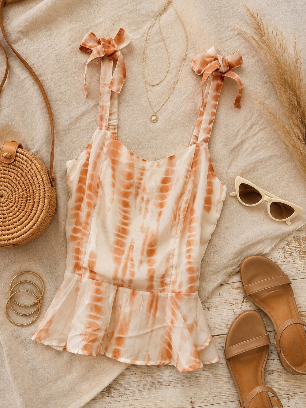 Japna Tie Dye Coral-Peach w/White Peplum Tank Top Bow Straps Smocked Back Boho L